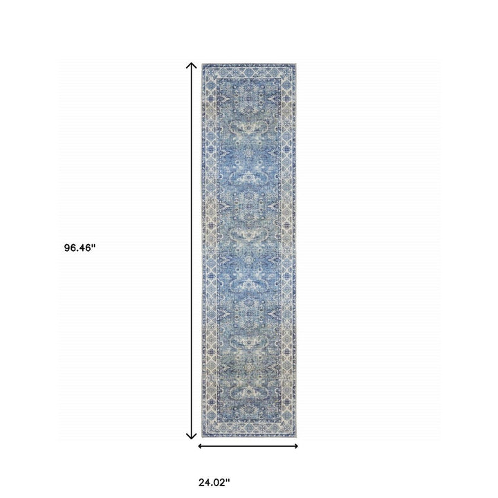 2 X 8 Blue And Grey Oriental Power Loom Stain Resistant Runner Rug Image 7