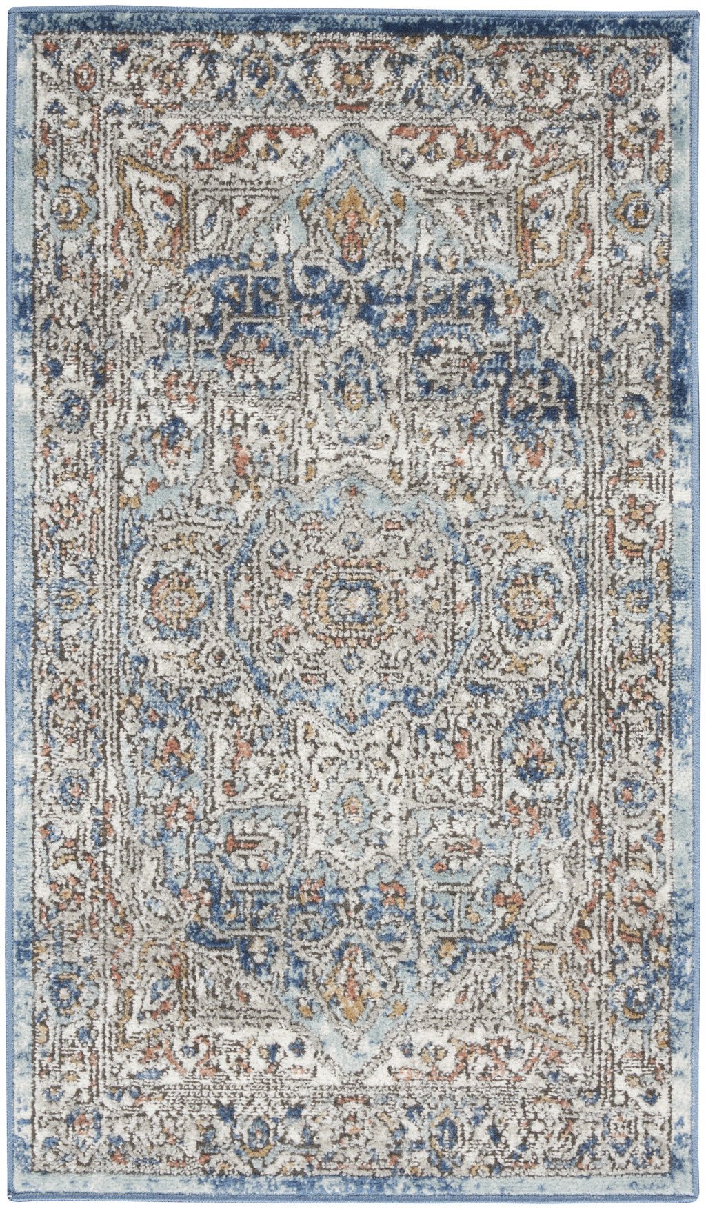 2 X 4 Ivory And Blue Oriental Power Loom Non Skid Area Rug Image 1