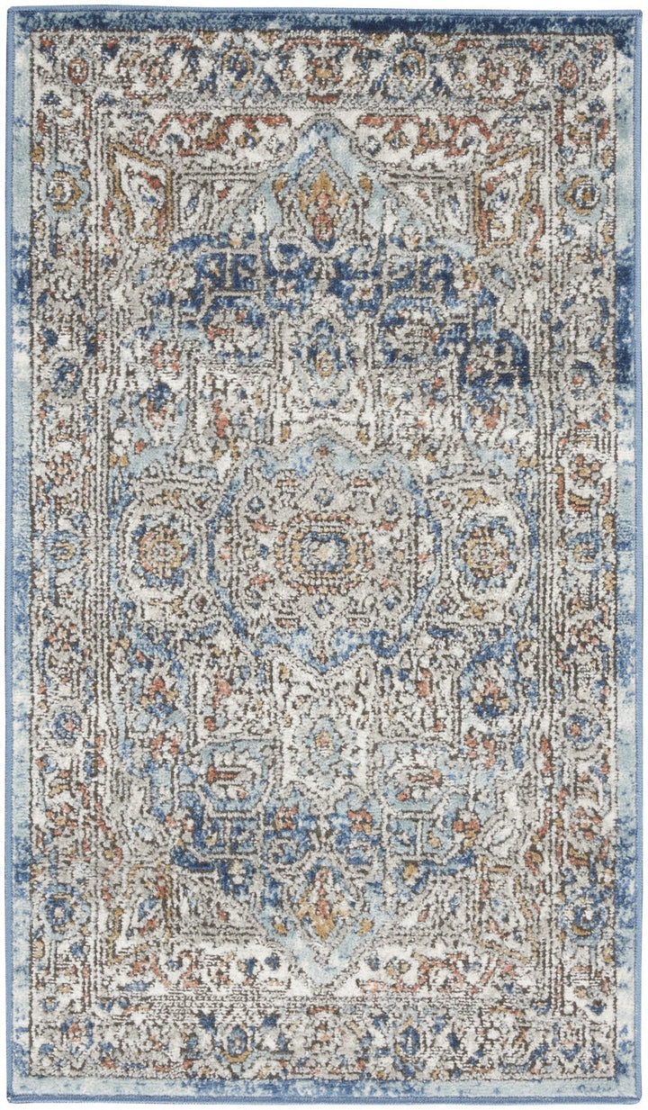 2 X 4 Ivory And Blue Oriental Power Loom Non Skid Area Rug Image 1