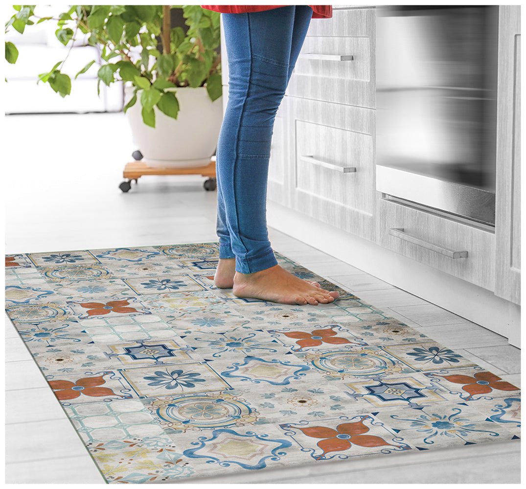 2 X 5 Gray Blue And Rust Mosaic Tile Printed Vinyl Area Rug With UV Protection Image 4