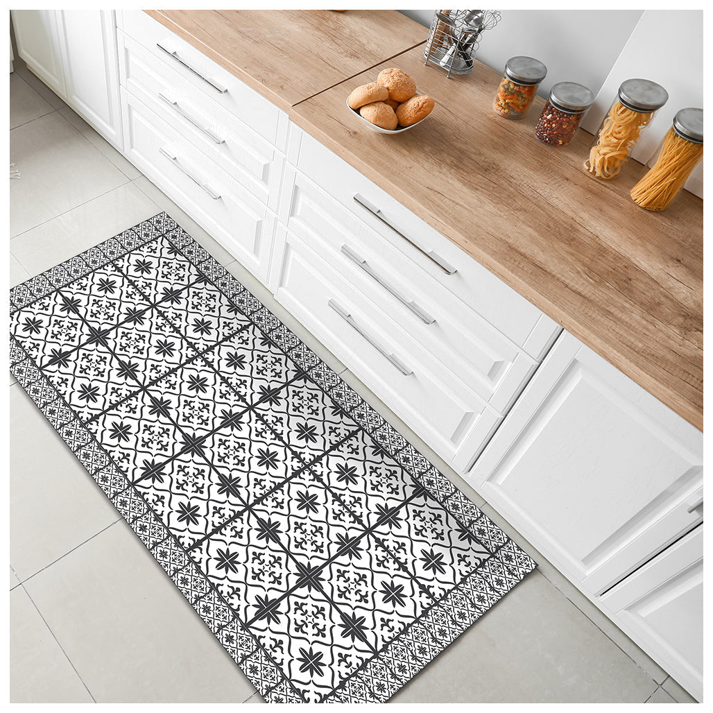 2 X 5 Dark Gray And White Tile Printed Vinyl Area Rug with UV Protection Image 7