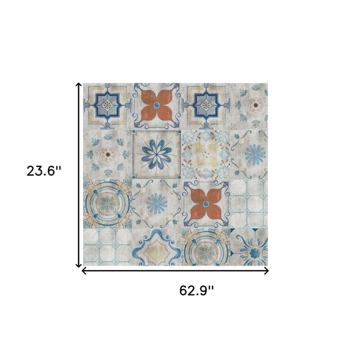 2 X 5 Gray Blue And Rust Mosaic Tile Printed Vinyl Area Rug With UV Protection Image 7