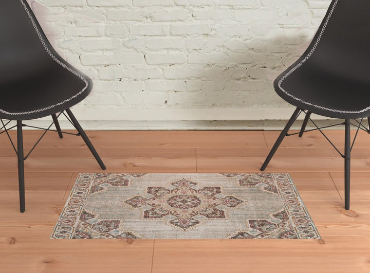 2 x 3 Beige Medallion Power Loom Area Rug With Fringe Image 4