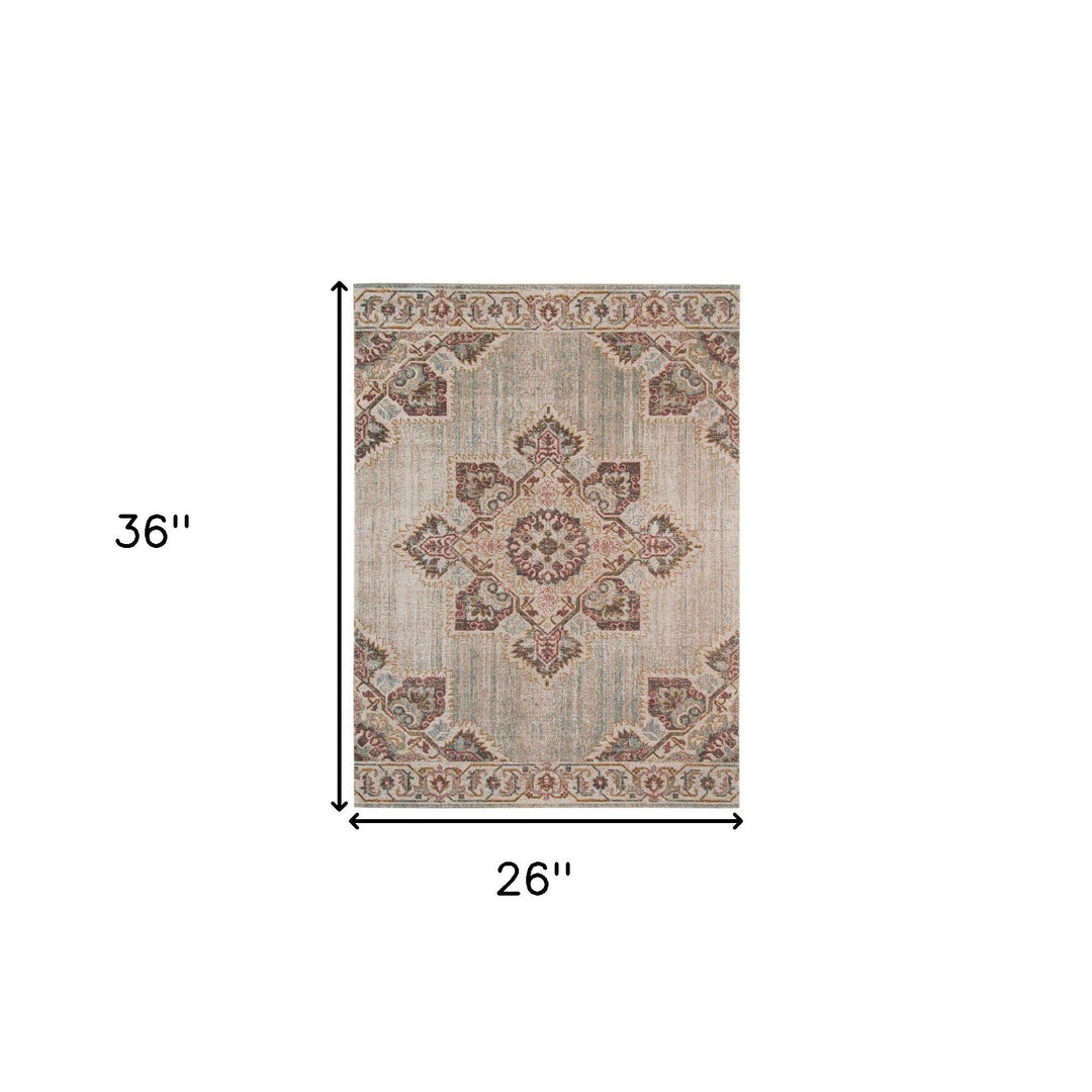 2 x 3 Beige Medallion Power Loom Area Rug With Fringe Image 7