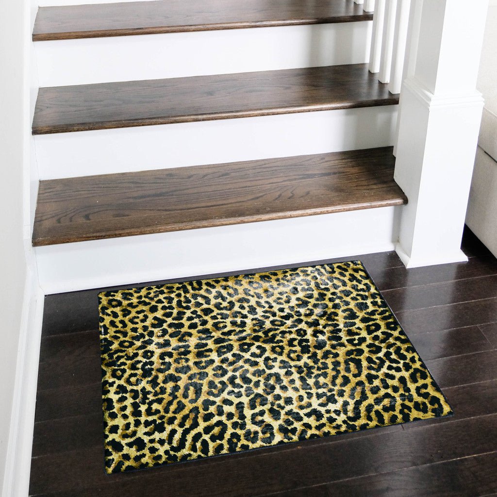 2 X 3 Black and Gold Leopard Print Shag Handmade Non Skid Area Rug Image 6