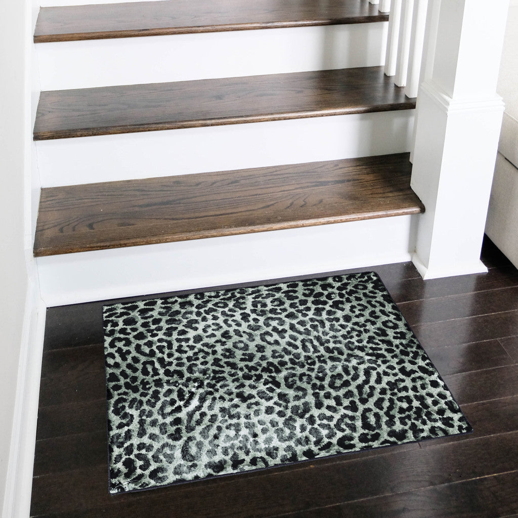 2 X 3 Black and Gray Leopard Print Shag Handmade Non Skid Area Rug Image 6