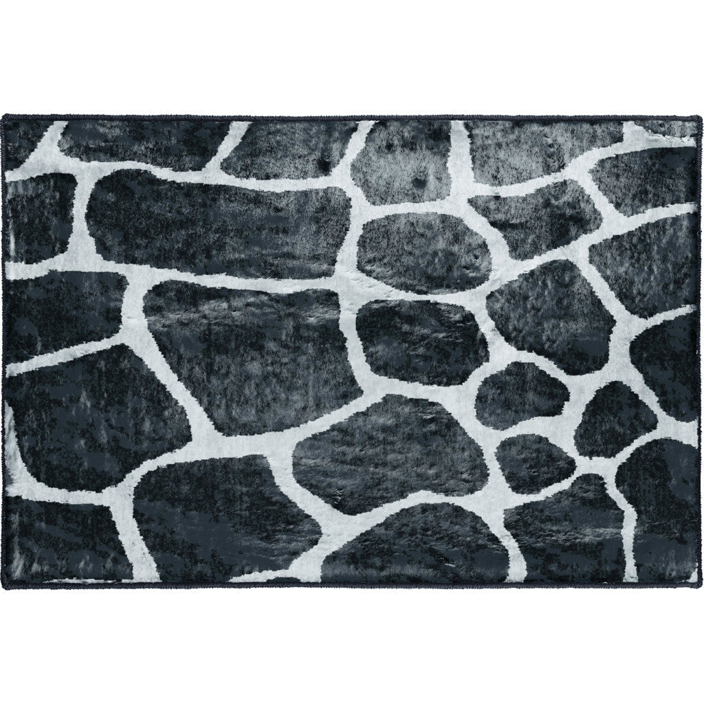 2 X 3 Black and White Croc Print Shag Handmade Non Skid Area Rug Image 3