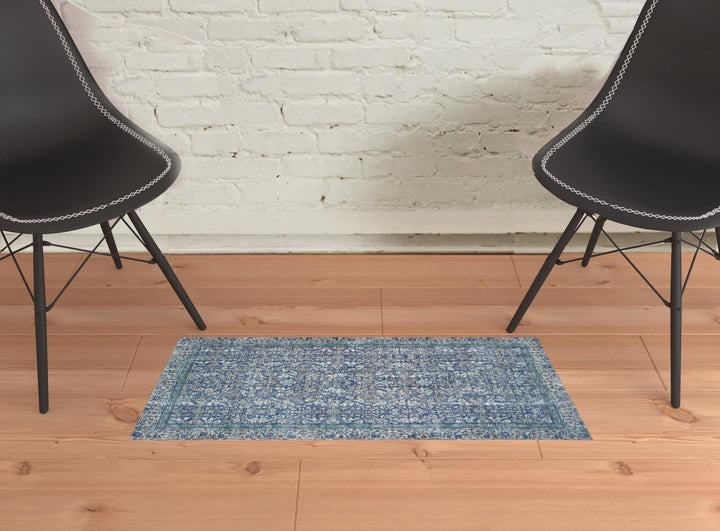 2 X 3 Blue And Grey Oriental Power Loom Stain Resistant Area Rug Image 2