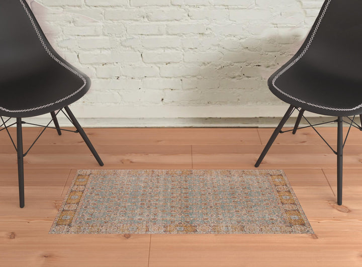 2 x 3 Blue and Orange Oriental Power Loom Distressed Area Rug Image 2