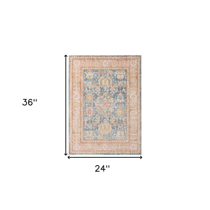 2 x 3 Blue and Pink Oriental Power Loom Distressed Area Rug Image 8