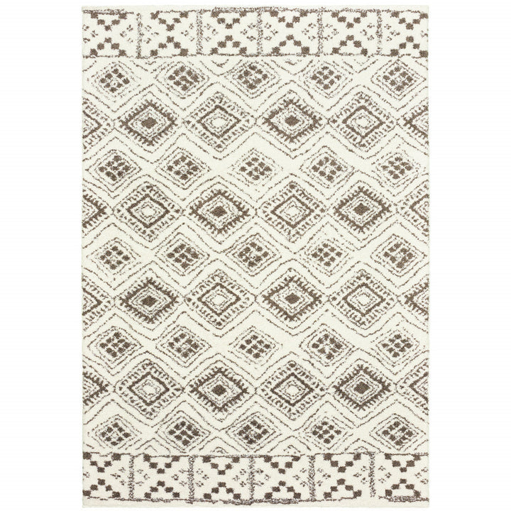 2 X 3 Ivory And Brown Geometric Shag Power Loom Stain Resistant Area Rug Image 1