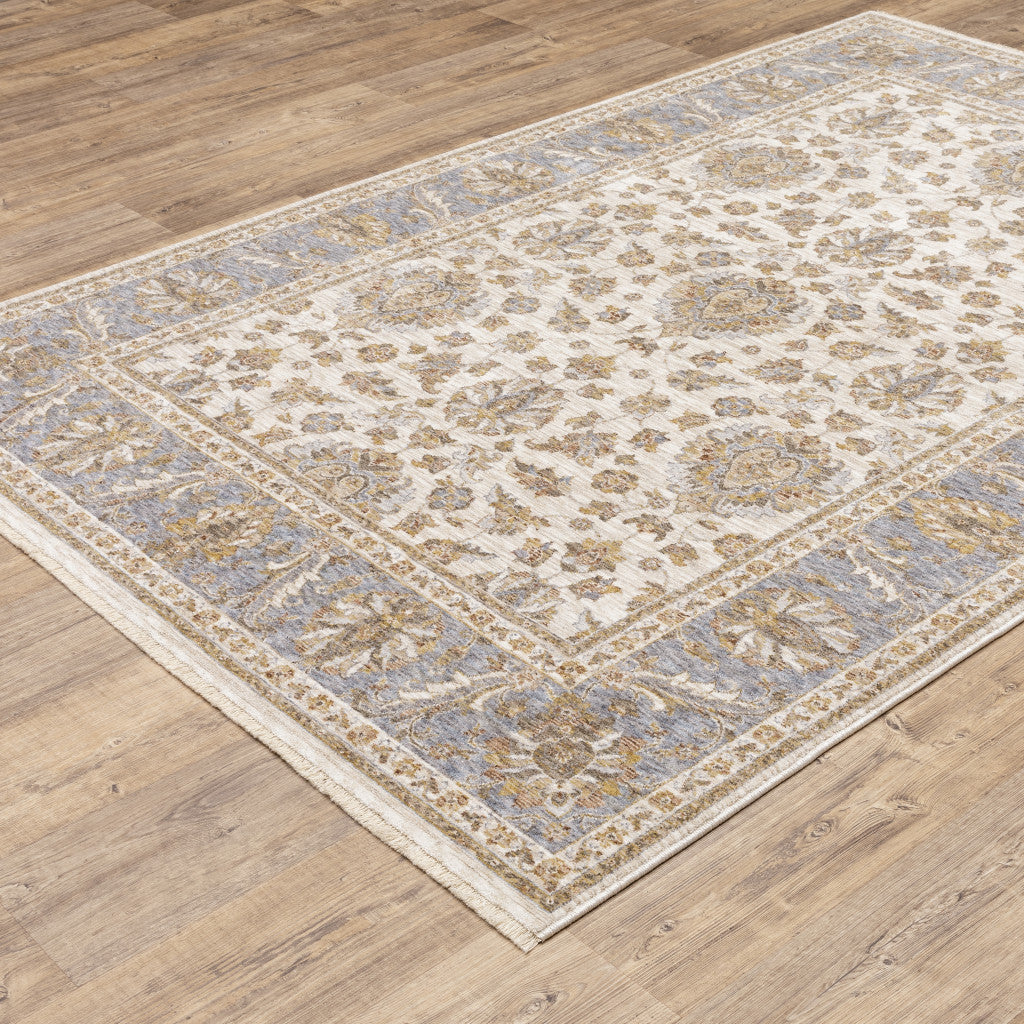 2 X 3 Ivory And Blue Oriental Power Loom Stain Resistant Area Rug With Fringe Image 3