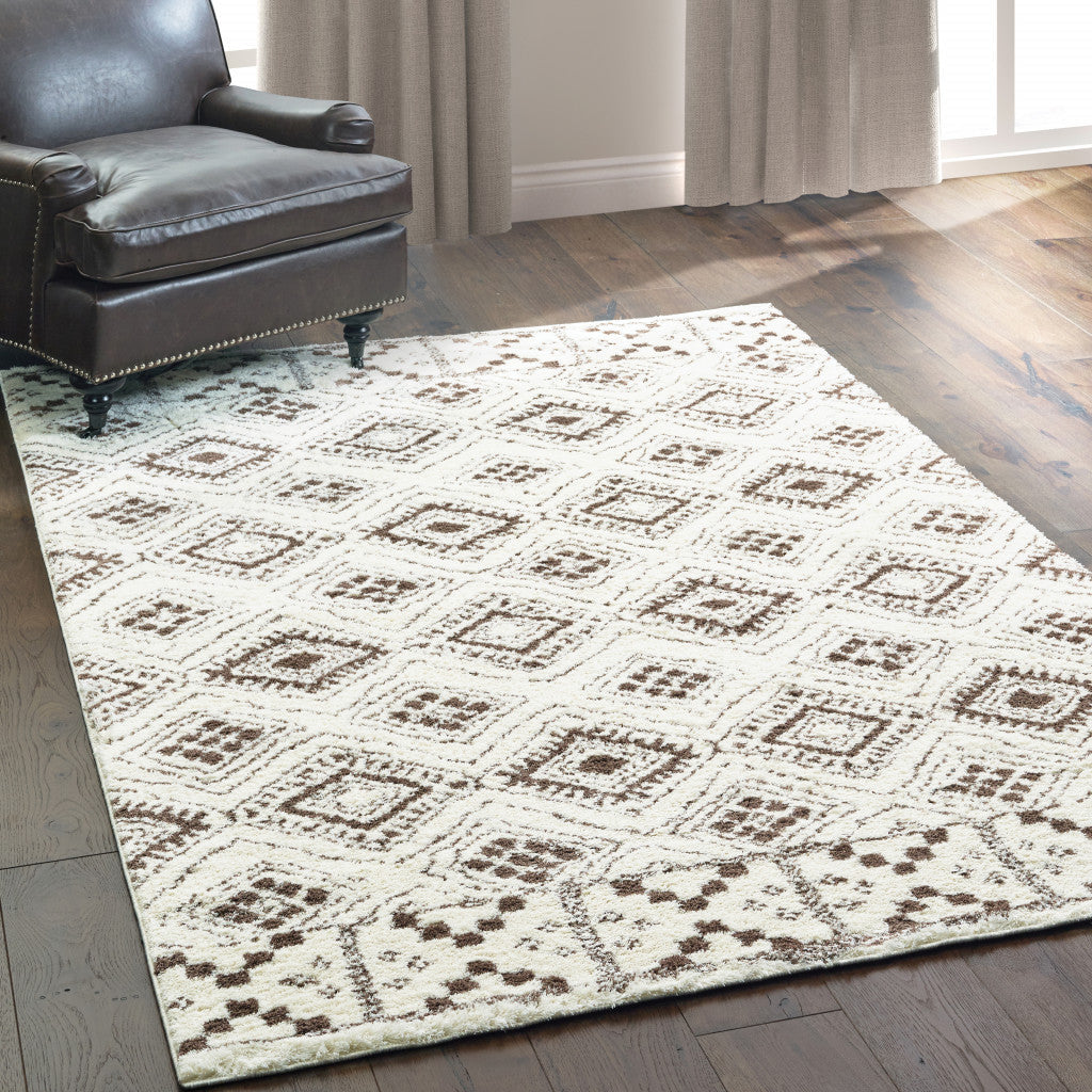 2 X 3 Ivory And Brown Geometric Shag Power Loom Stain Resistant Area Rug Image 3