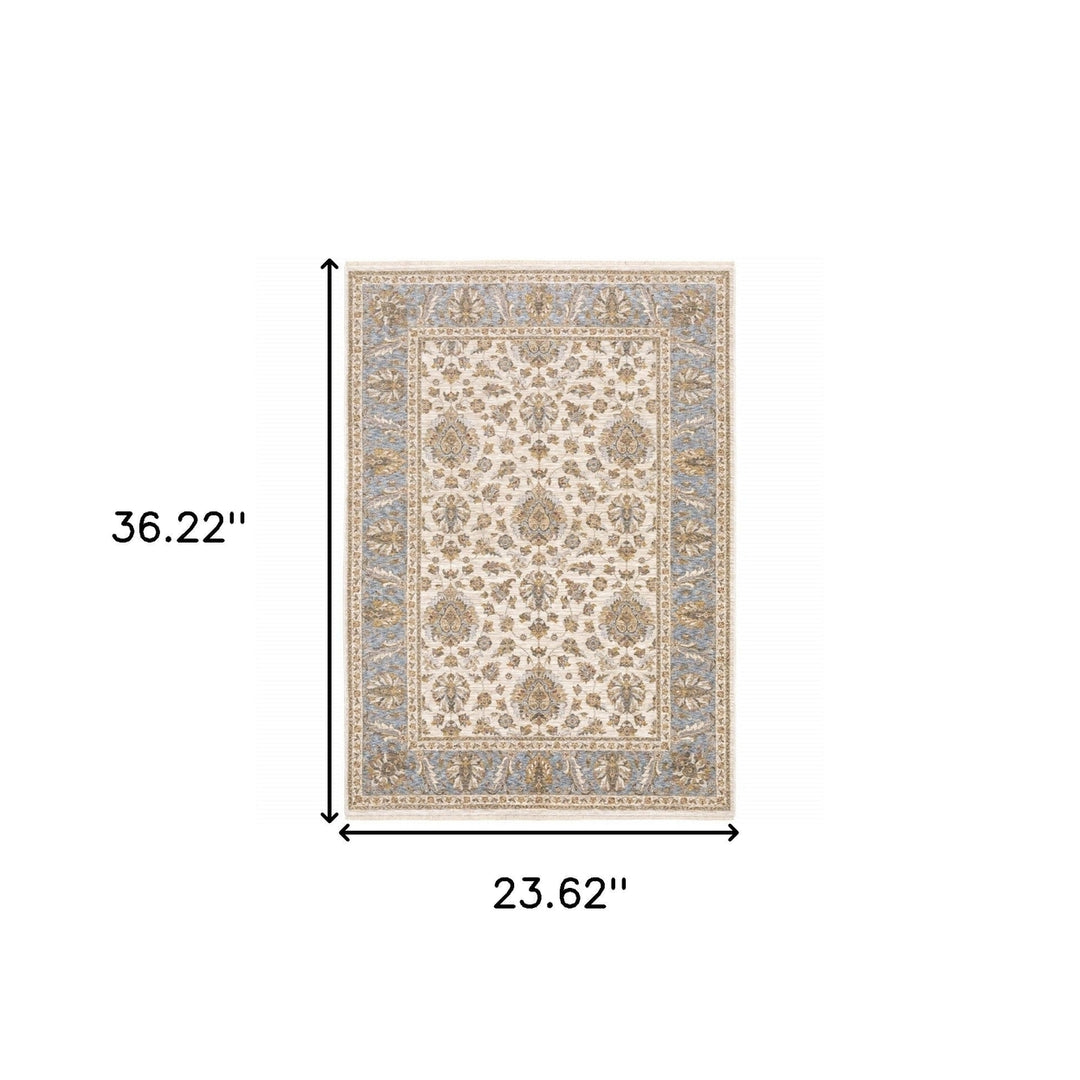 2 X 3 Ivory And Blue Oriental Power Loom Stain Resistant Area Rug With Fringe Image 5