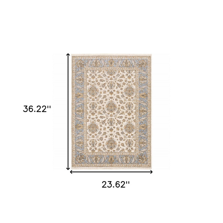 2 X 3 Ivory And Blue Oriental Power Loom Stain Resistant Area Rug With Fringe Image 5