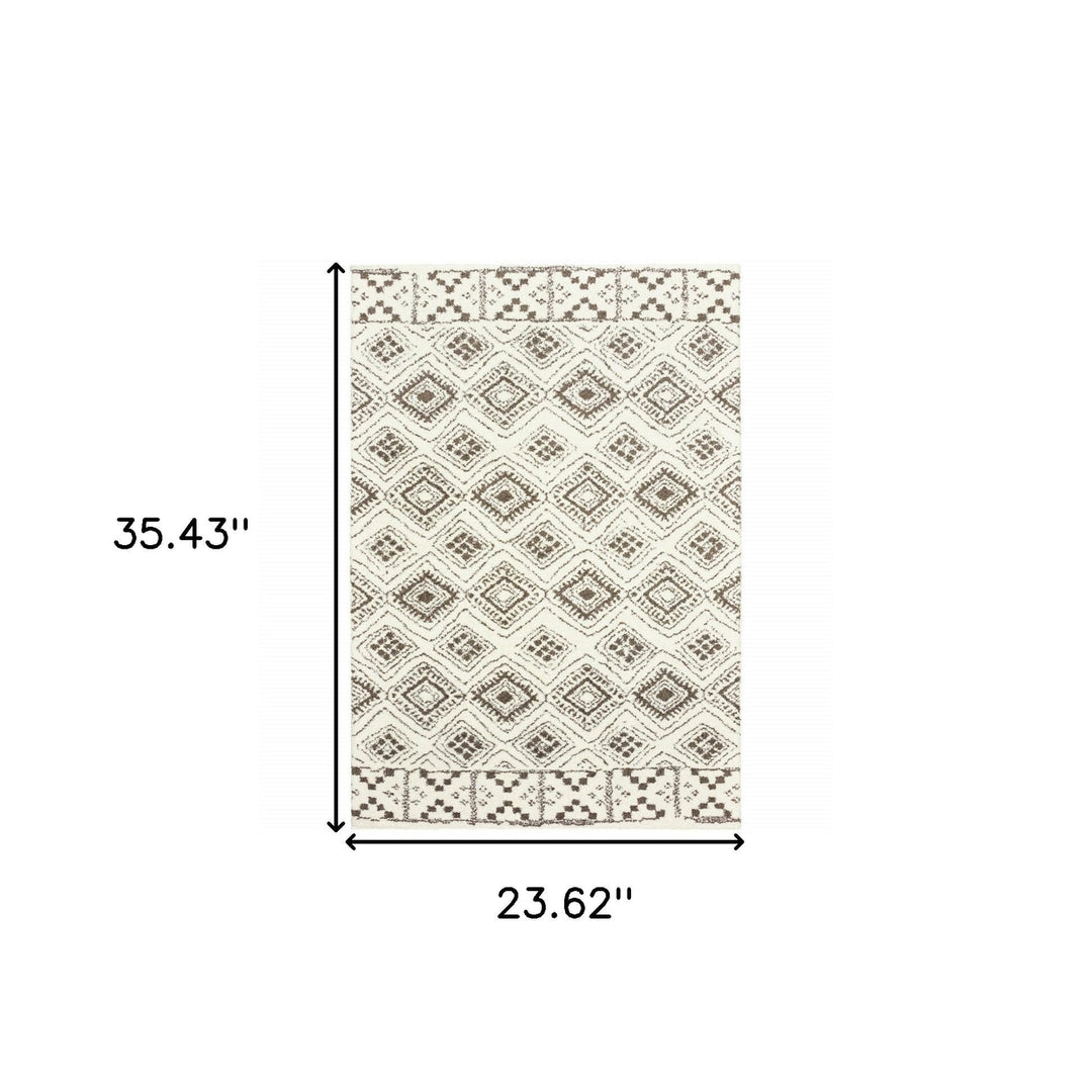 2 X 3 Ivory And Brown Geometric Shag Power Loom Stain Resistant Area Rug Image 6