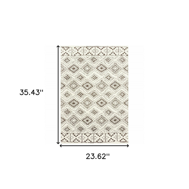 2 X 3 Ivory And Brown Geometric Shag Power Loom Stain Resistant Area Rug Image 6