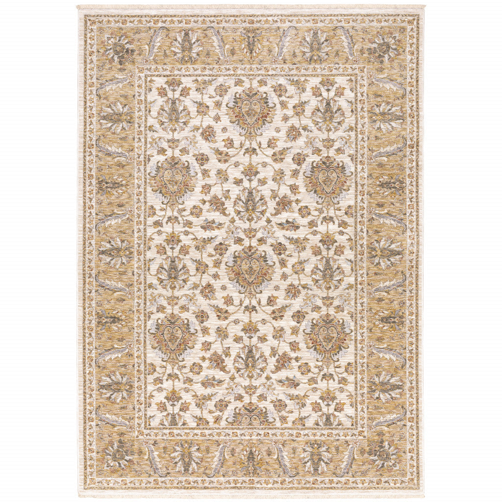 2 X 3 Ivory And Gold Oriental Power Loom Stain Resistant Area Rug With Fringe Image 1