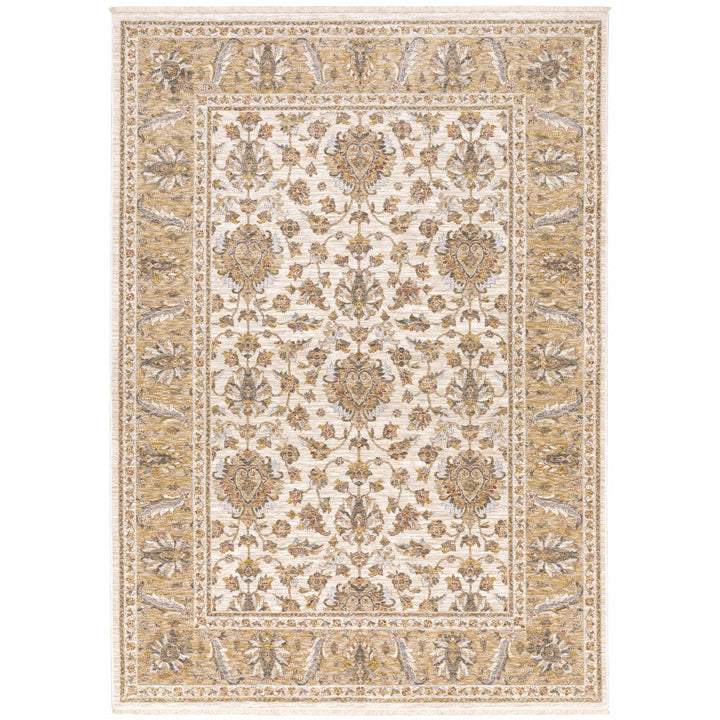 2 X 3 Ivory And Gold Oriental Power Loom Stain Resistant Area Rug With Fringe Image 1