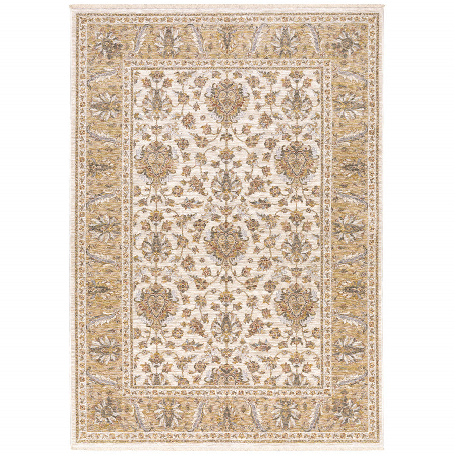 2 X 3 Ivory And Gold Oriental Power Loom Stain Resistant Area Rug With Fringe Image 1