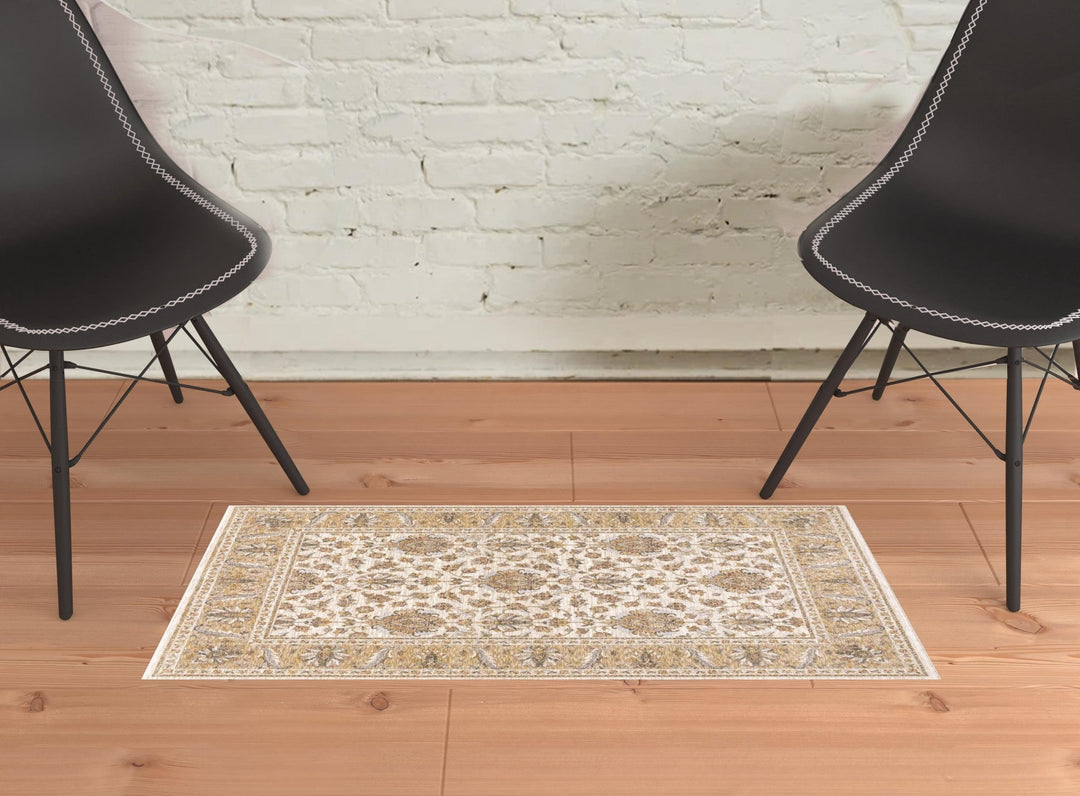 2 X 3 Ivory And Gold Oriental Power Loom Stain Resistant Area Rug With Fringe Image 2