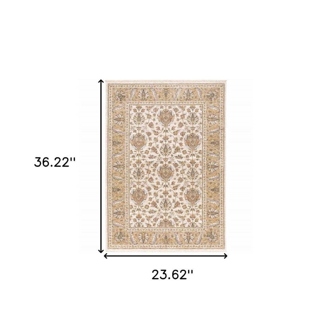 2 X 3 Ivory And Gold Oriental Power Loom Stain Resistant Area Rug With Fringe Image 10