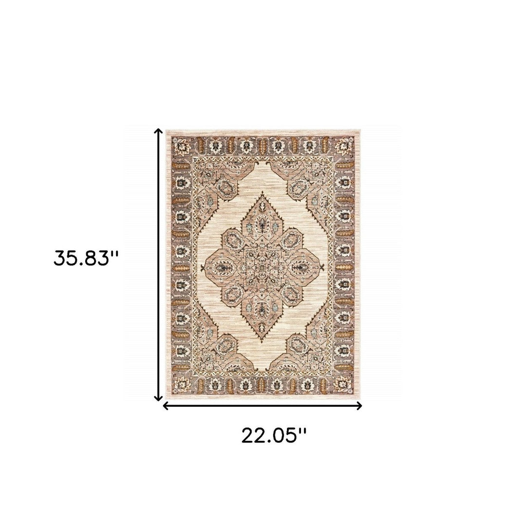 2 X 3 Ivory Gold Grey And Blue Oriental Power Loom Stain Resistant Area Rug Image 6