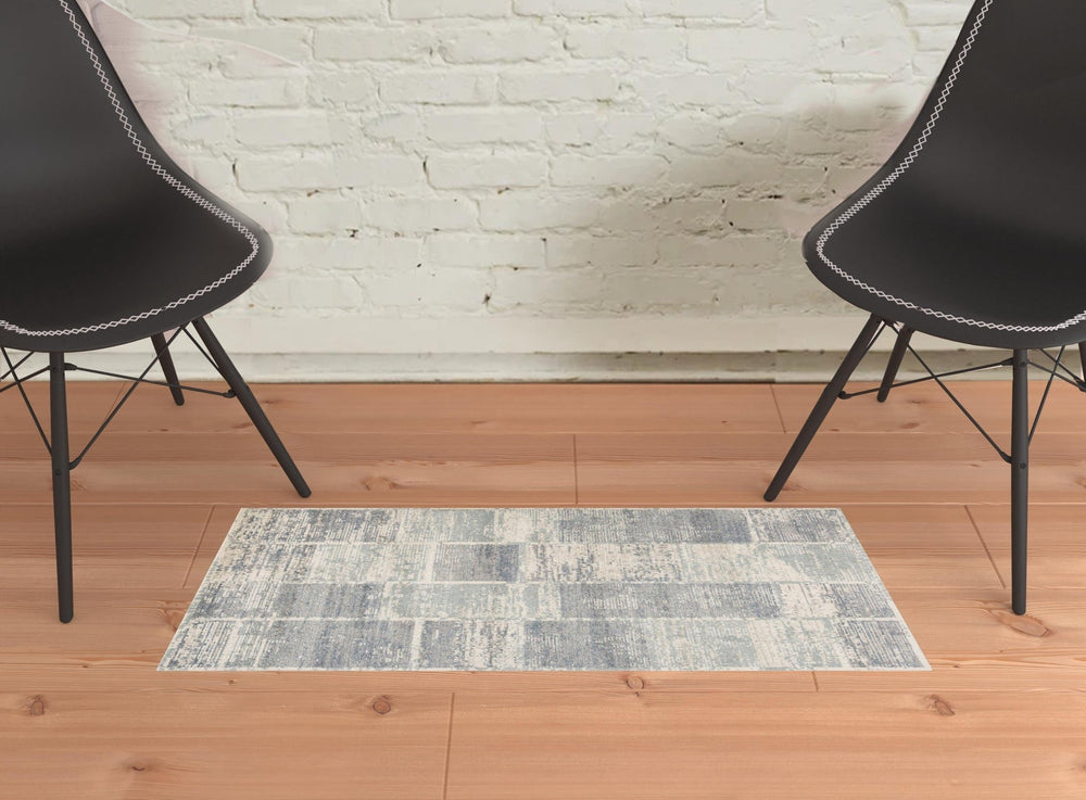 2 x 3 Light Blue Geometric Power Loom Area Rug With Fringe Image 2