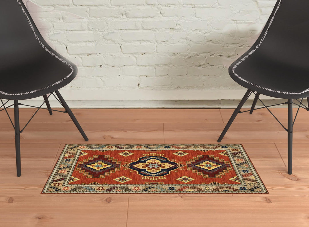 2 x 3 Red and Gold Oriental Power Loom Area Rug Image 1