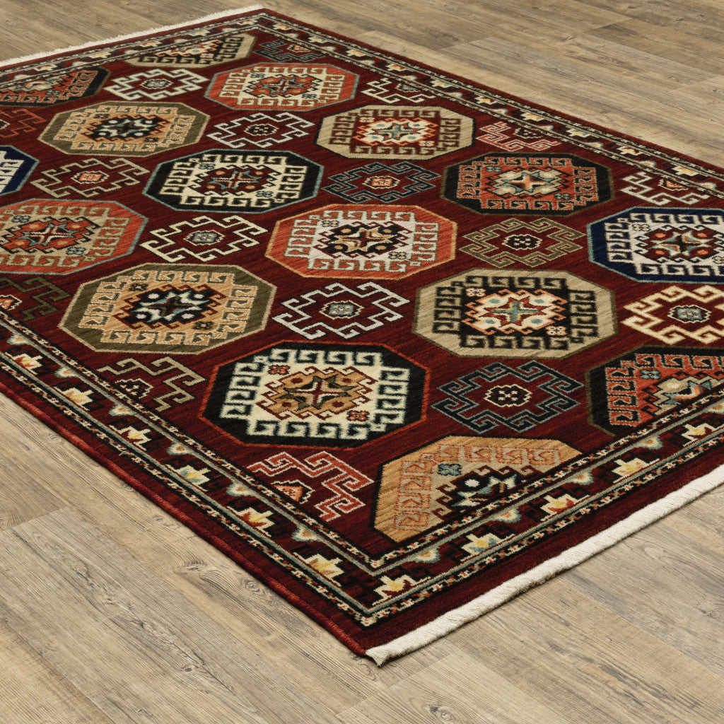 2 X 3 Red Blue Brown And Beige Oriental Power Loom Stain Resistant Area Rug With Fringe Image 4