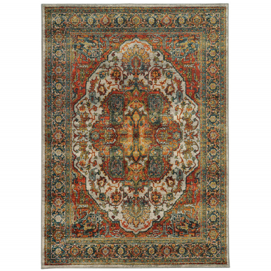 2 X 3 Red Gold Orange Green Ivory Rust And Blue Oriental Power Loom Stain Resistant Area Rug Image 1