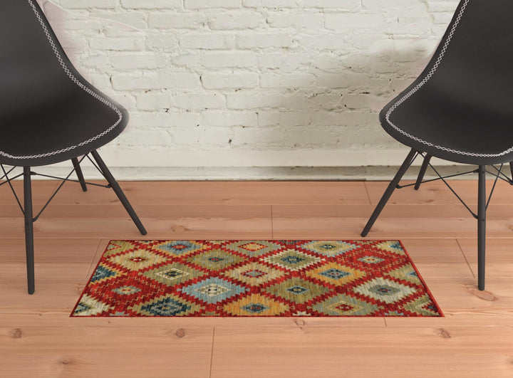 2 X 3 Red Green Gold Blue Teal And Ivory Geometric Power Loom Stain Resistant Area Rug Image 2