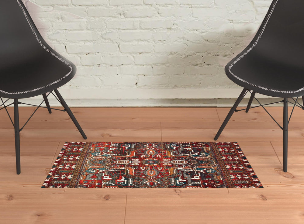 2 X 3 Red Orange Blue And Grey Southwestern Power Loom Stain Resistant Area Rug Image 2