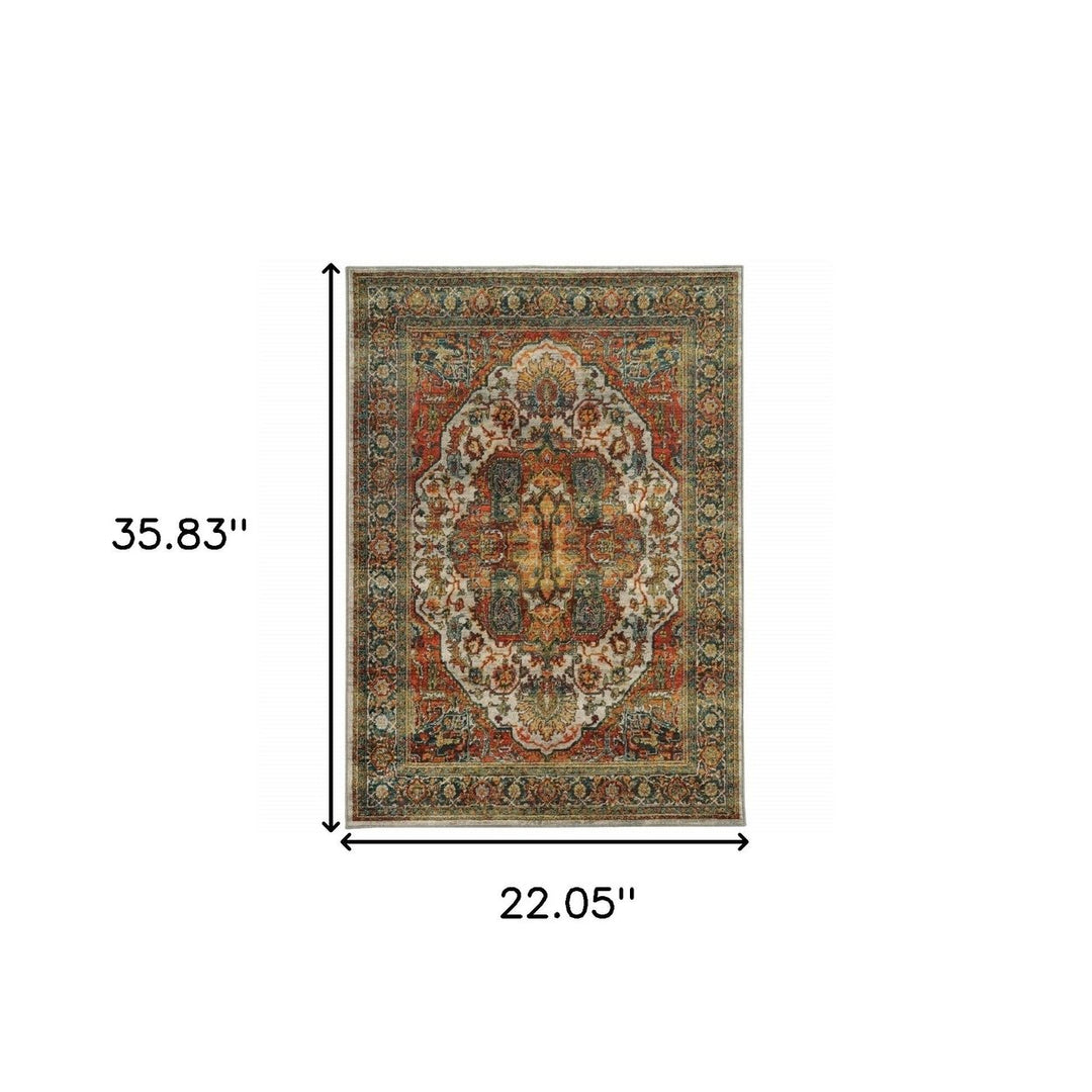 2 X 3 Red Gold Orange Green Ivory Rust And Blue Oriental Power Loom Stain Resistant Area Rug Image 10