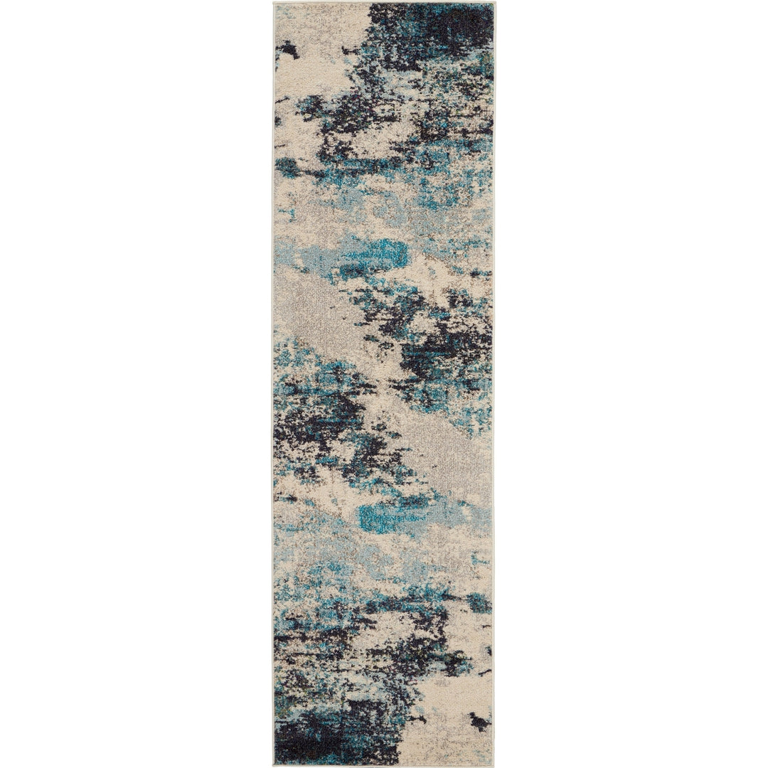 2 X 8 Ivory And Teal Blue Abstract Power Loom Non Skid Runner Rug Image 1