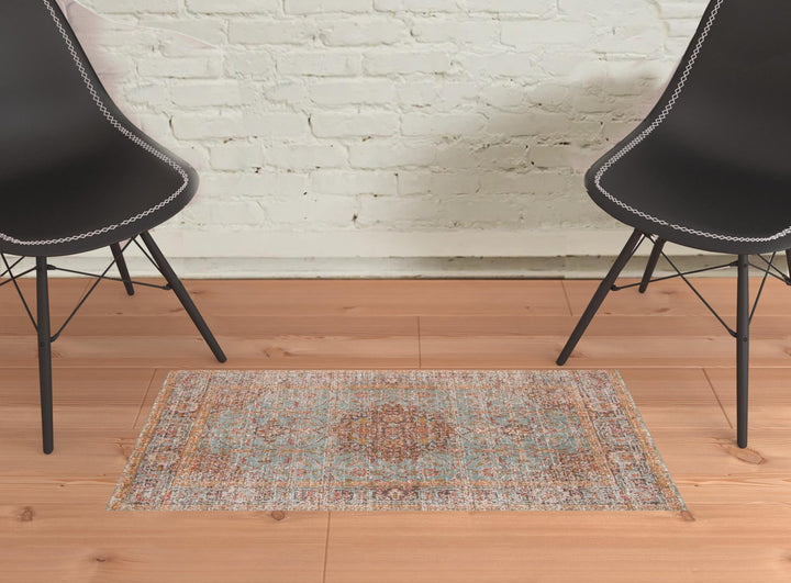 2 x 3 Sea Green Medallion Power Loom Area Rug With Fringe Image 4