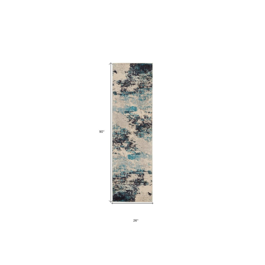 2 X 8 Ivory And Teal Blue Abstract Power Loom Non Skid Runner Rug Image 5