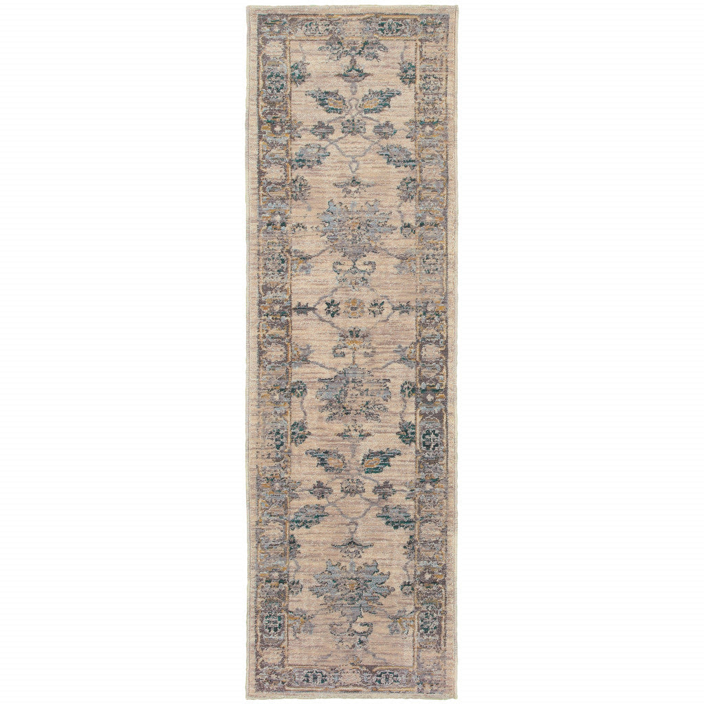 2 X 8 Ivory Blue Gold And Grey Oriental Power Loom Stain Resistant Runner Rug Image 1