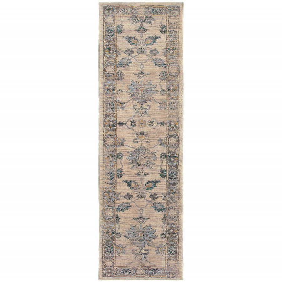 2 X 8 Ivory Blue Gold And Grey Oriental Power Loom Stain Resistant Runner Rug Image 1