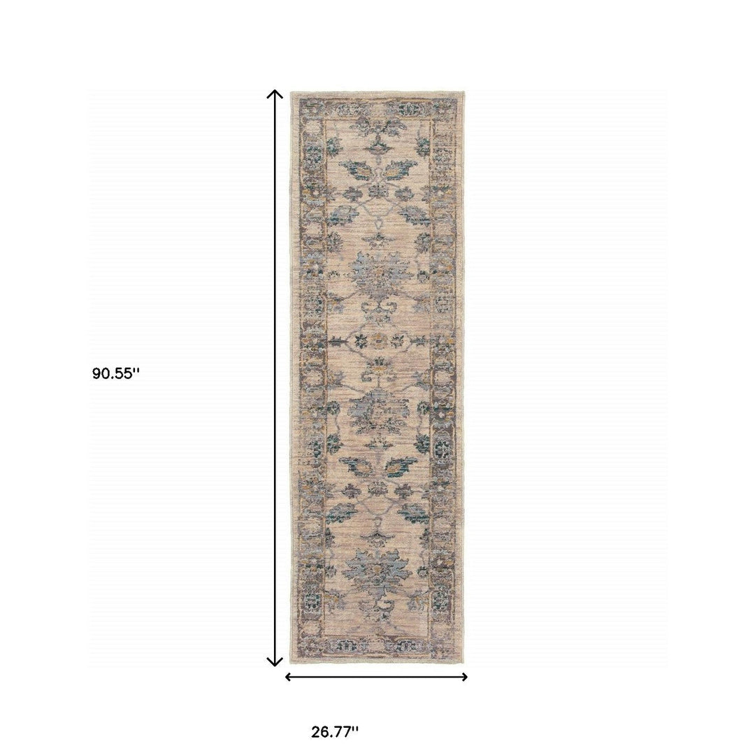 2 X 8 Ivory Blue Gold And Grey Oriental Power Loom Stain Resistant Runner Rug Image 5