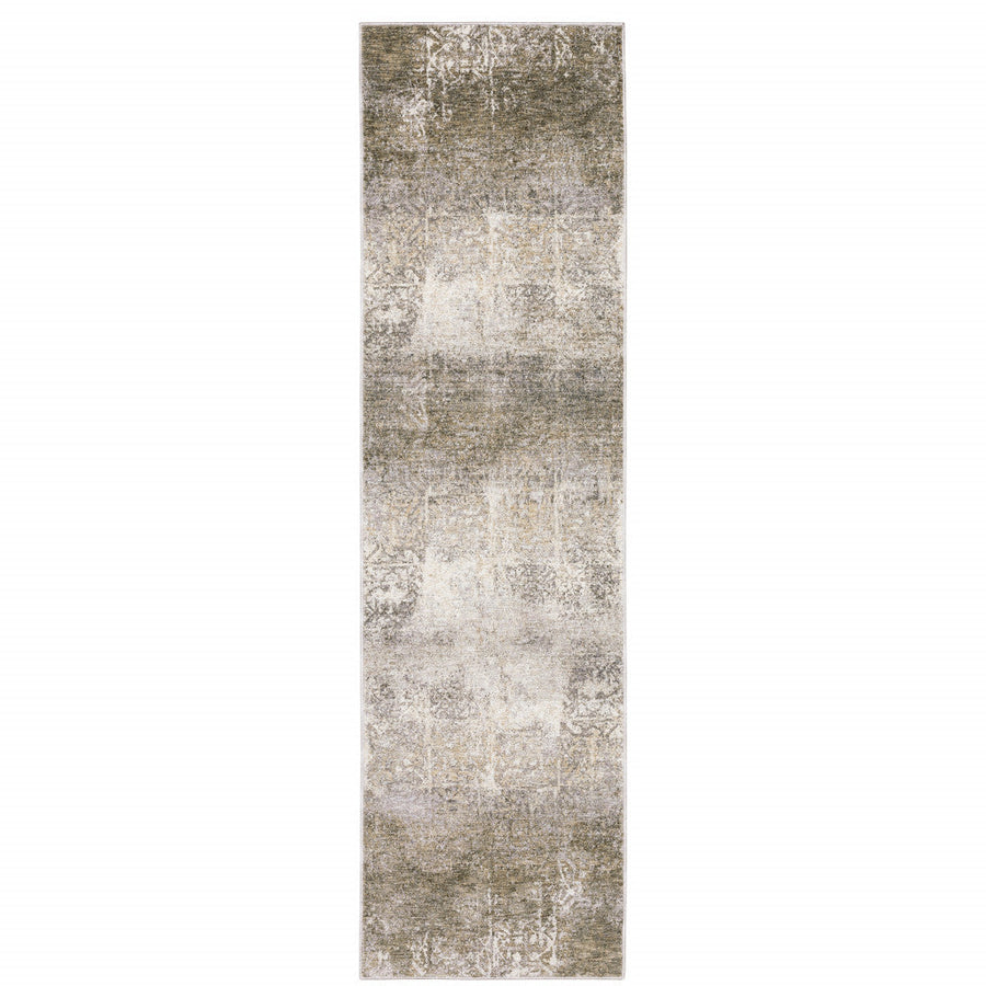 2 X 8 Ivory Grey Tan Brown And Beige Abstract Power Loom Stain Resistant Runner Rug Image 1