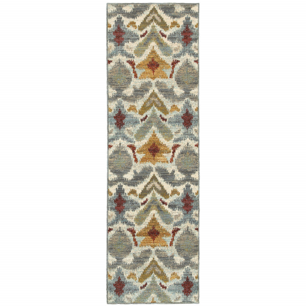 2 X 8 Ivory Grey Rust Gold And Blue Abstract Power Loom Stain Resistant Runner Rug Image 1