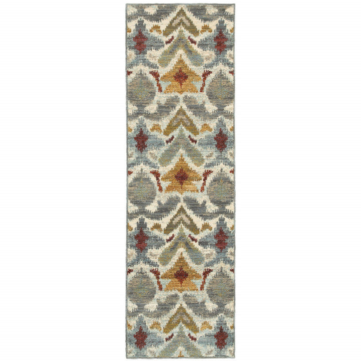 2 X 8 Ivory Grey Rust Gold And Blue Abstract Power Loom Stain Resistant Runner Rug Image 1