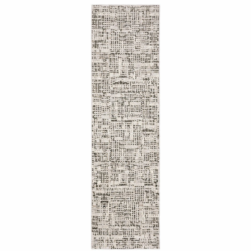 2 X 8 Ivory Grey Charcoal Brown And Beige Abstract Power Loom Stain Resistant Runner Rug Image 1