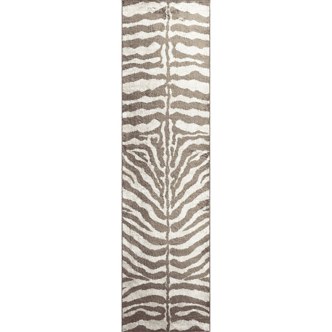 2 X 8 Mocha and Cream Zebra Print Shag Handmade Non Skid Runner Rug Image 1