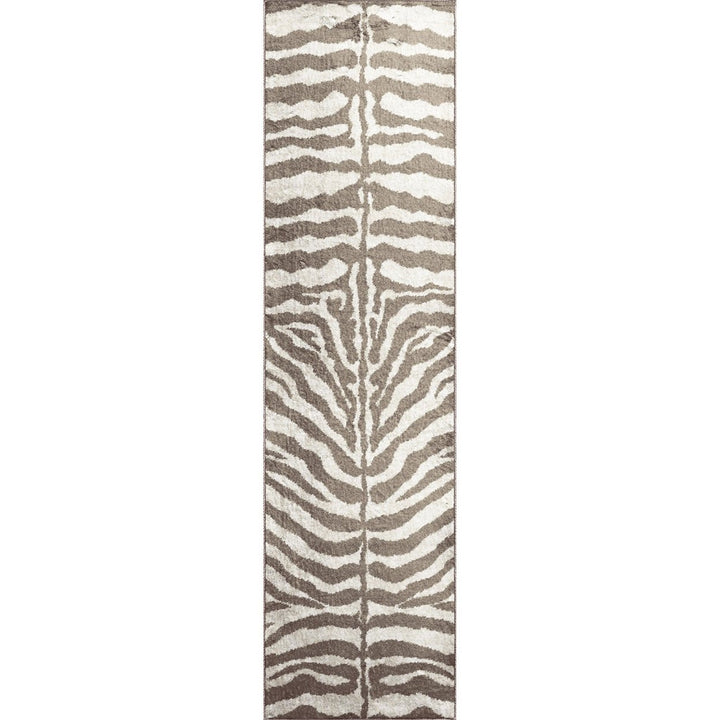 2 X 8 Mocha and Cream Zebra Print Shag Handmade Non Skid Runner Rug Image 1