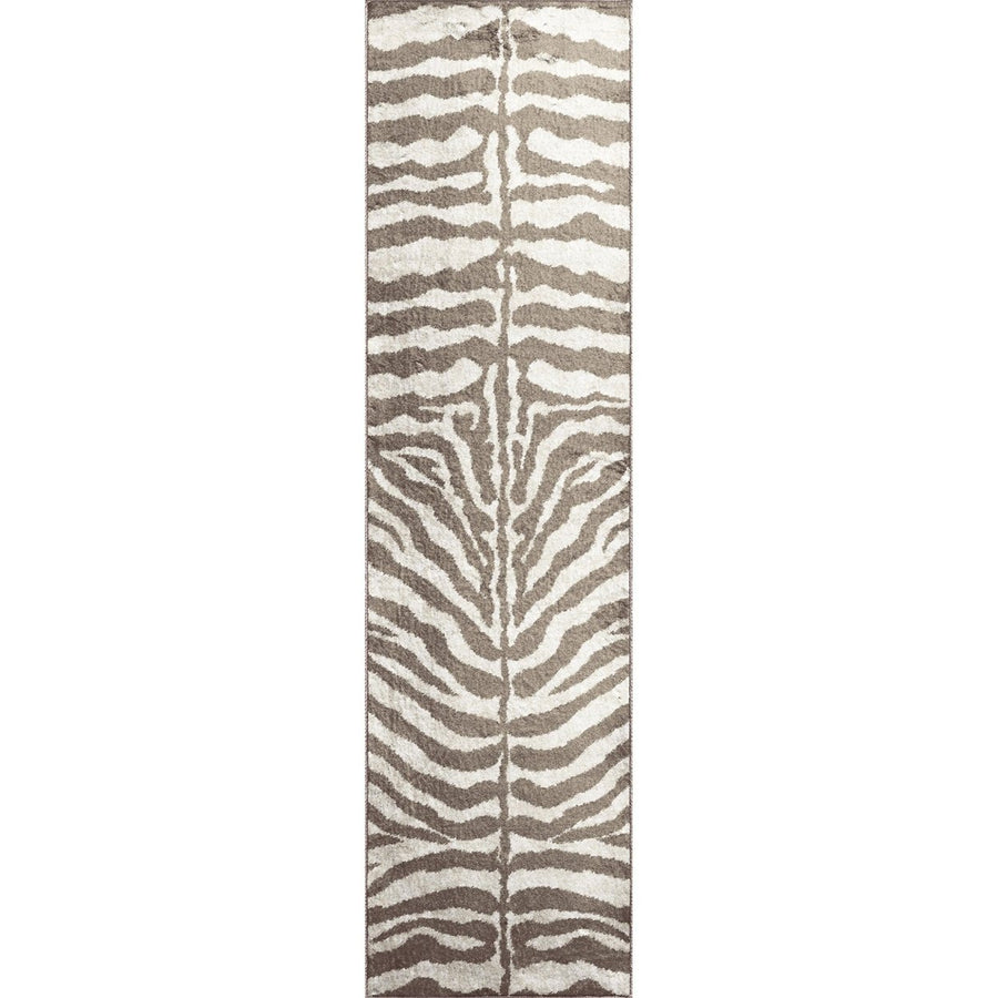 2 X 8 Mocha and Cream Zebra Print Shag Handmade Non Skid Runner Rug Image 1