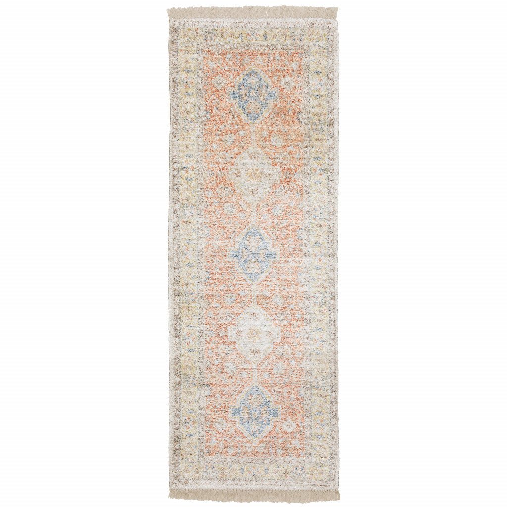 2 X 8 Orange And Blue Oriental Hand Loomed Stain Resistant Runner Rug With Fringe Image 1