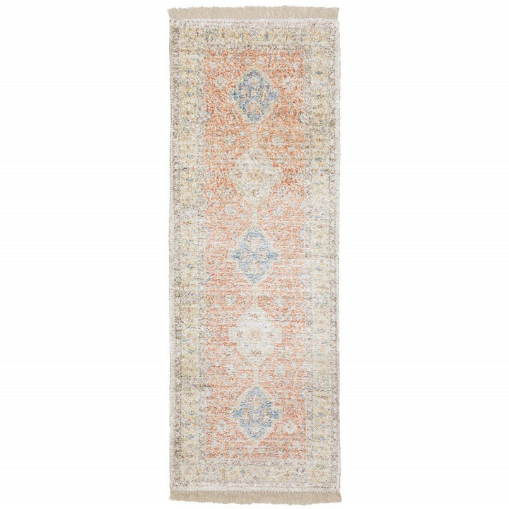 2 X 8 Orange And Blue Oriental Hand Loomed Stain Resistant Runner Rug With Fringe Image 1