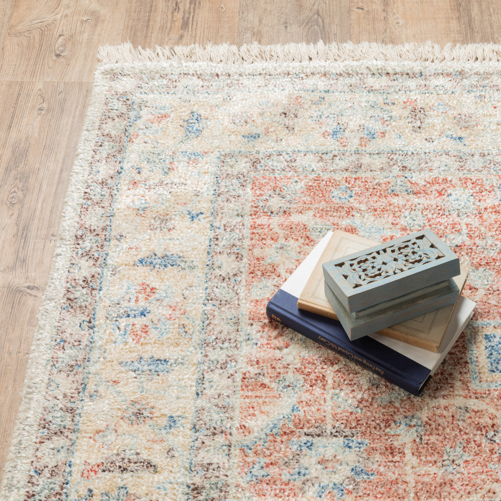 2 X 8 Orange And Blue Oriental Hand Loomed Stain Resistant Runner Rug With Fringe Image 3